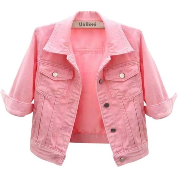 Jackets & Blazers - Women's 3/4 Sleeve Colored Cropped Denim Jacket Short Jean Jacket Trucker Pink